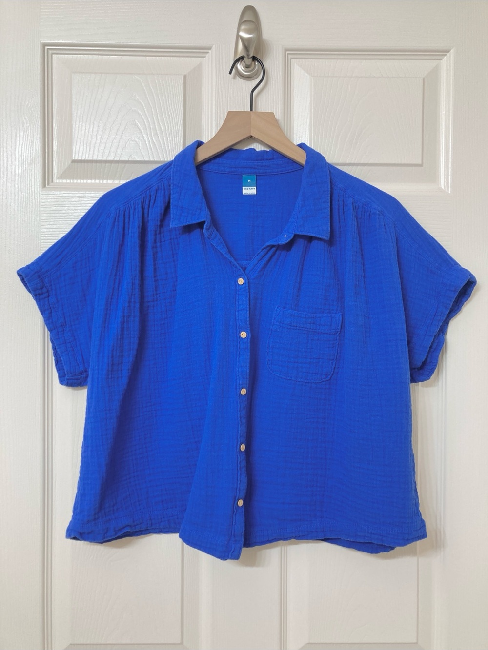 Old Navy Royal Blue Short Sleeve Gauzy Cotton Button Front Shirt Medium Coastal